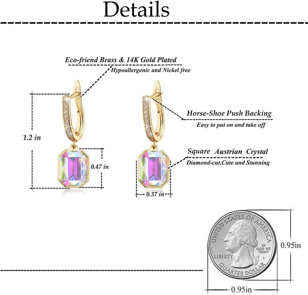 image:imageAustrian Crystal Octagon Leverback Drop Earrings for Women 14K Gold Plated Hypoallergenic JewelryAurora Borealis