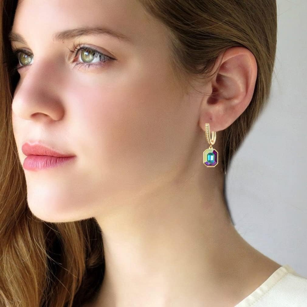 image:imageAustrian Crystal Octagon Leverback Drop Earrings for Women 14K Gold Plated Hypoallergenic JewelryAurora Borealis