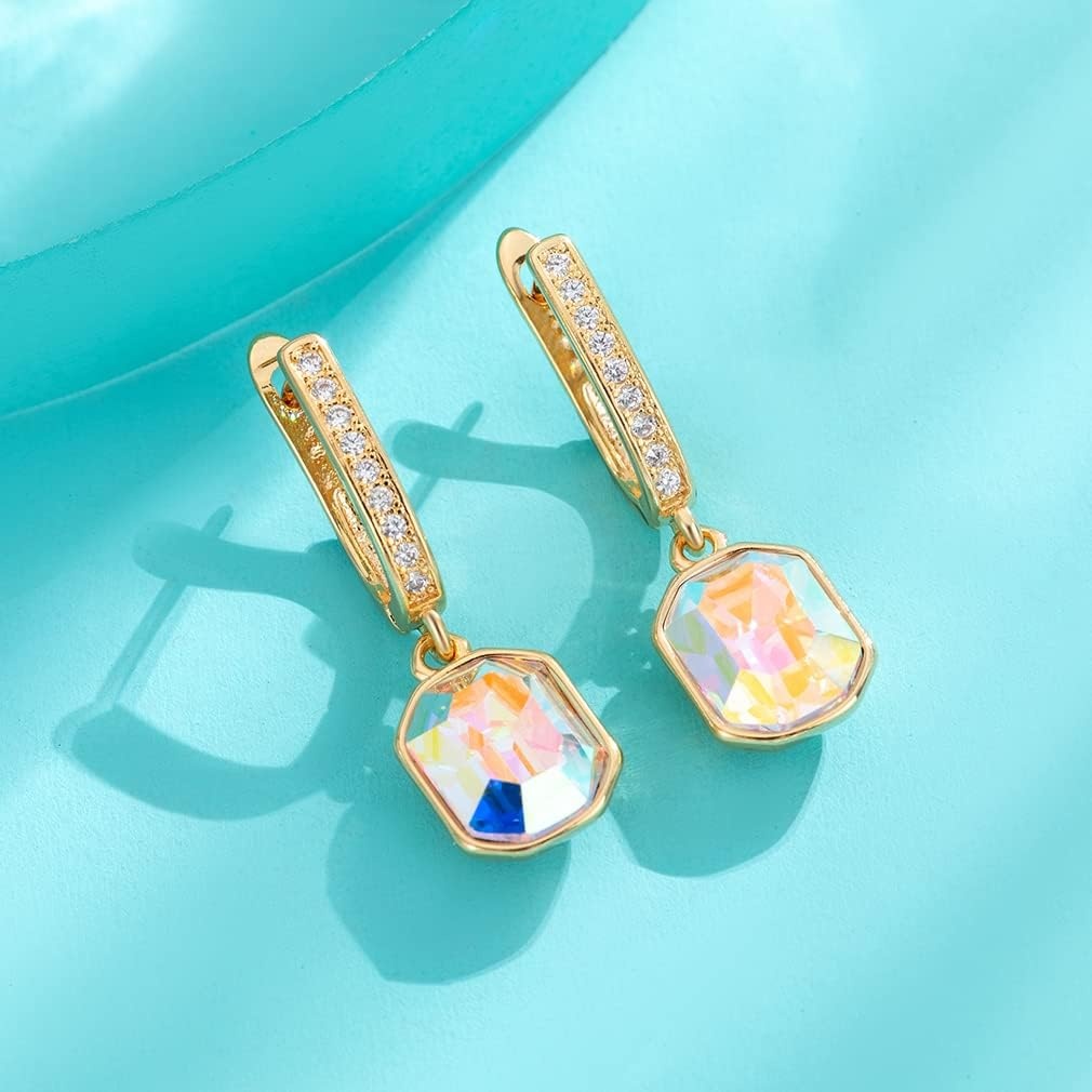image:imageAustrian Crystal Octagon Leverback Drop Earrings for Women 14K Gold Plated Hypoallergenic JewelryAurora Borealis