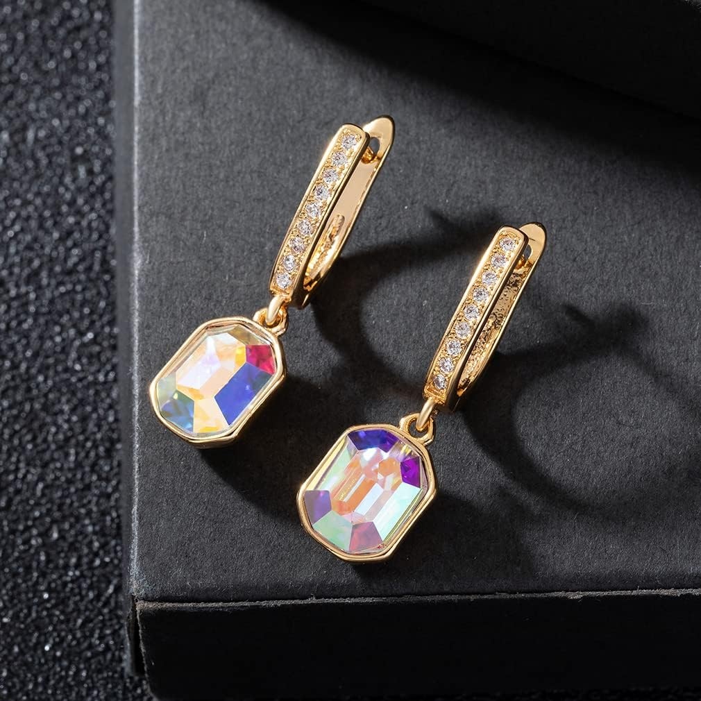 image:imageAustrian Crystal Octagon Leverback Drop Earrings for Women 14K Gold Plated Hypoallergenic JewelryAurora Borealis