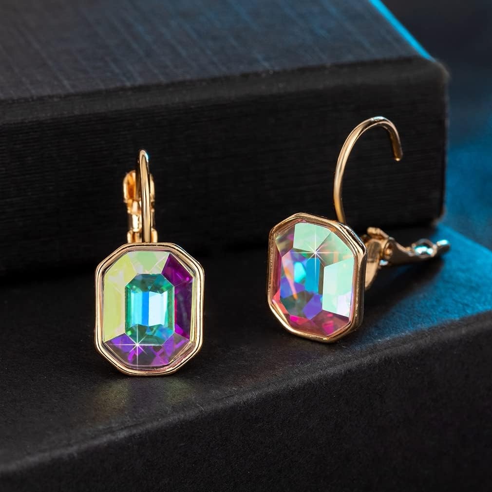 image:imageAustrian Crystal Octagon Leverback Drop Earrings for Women 14K Rose Gold Plated Hypoallergenic JewelryAurora Borealis
