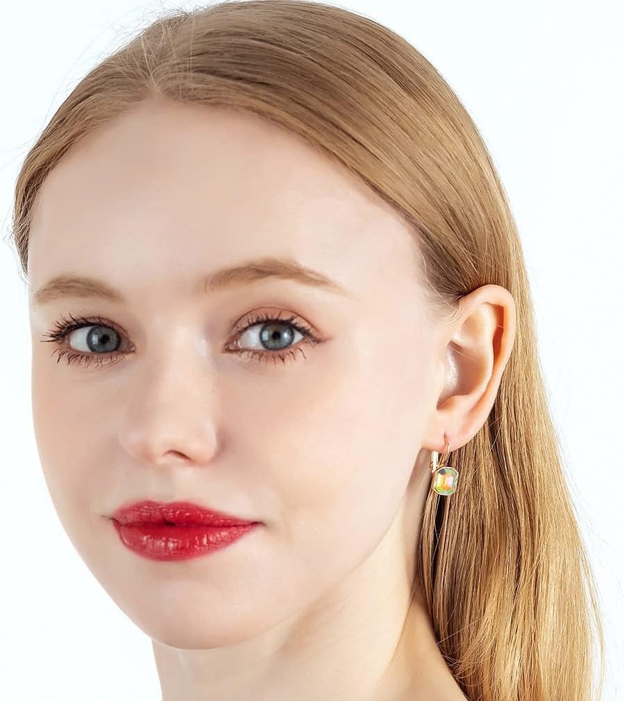 image:imageAustrian Crystal Octagon Leverback Drop Earrings for Women 14K Rose Gold Plated Hypoallergenic JewelryAurora Borealis