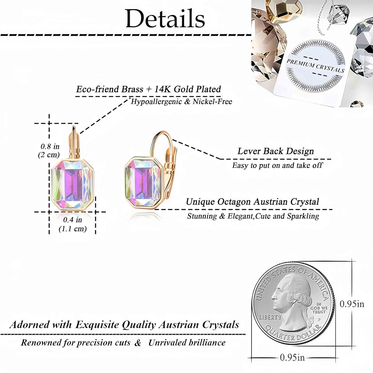 image:imageAustrian Crystal Octagon Leverback Drop Earrings for Women 14K Rose Gold Plated Hypoallergenic JewelryAurora Borealis