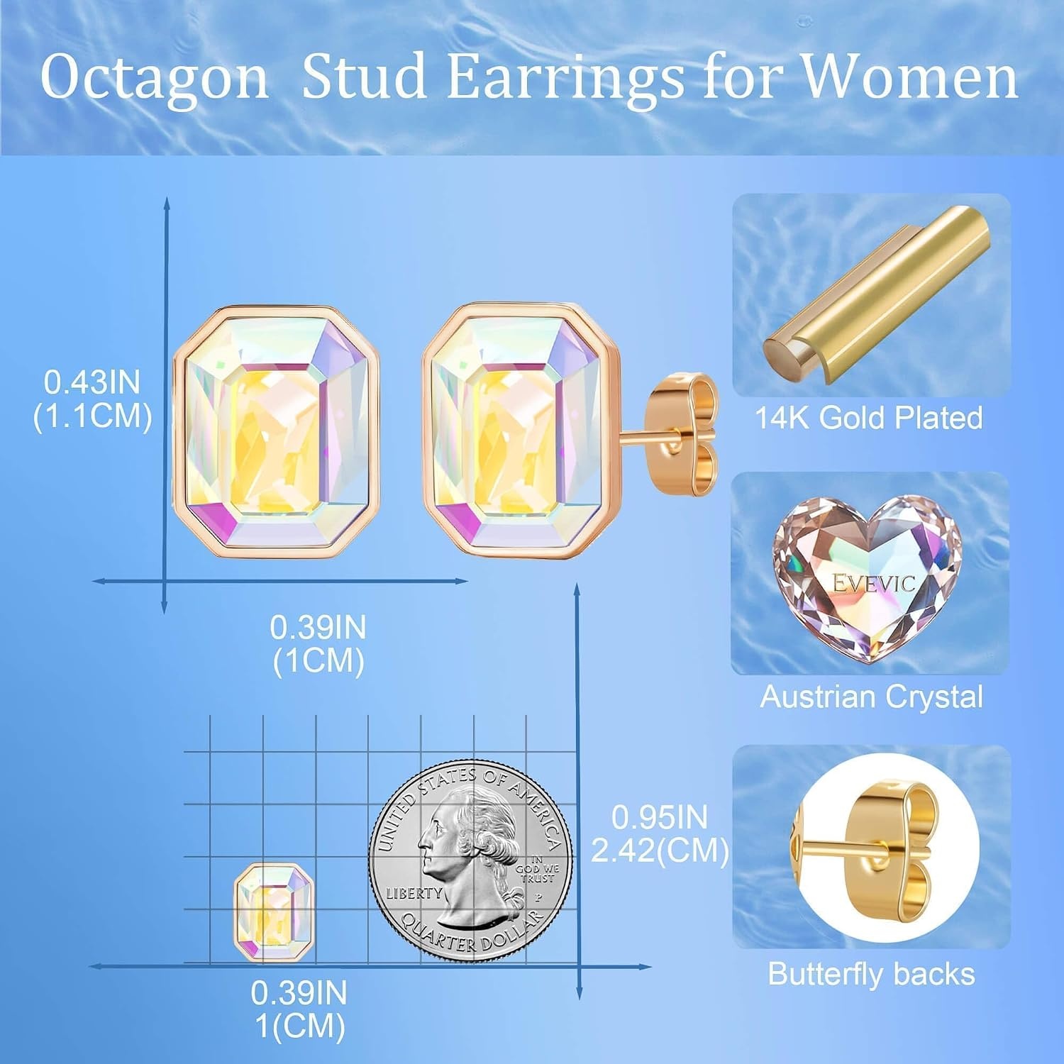 image:imageAustrian Crystal Octagon Stud Earrings for Women Fashion 925 Sterling Silver Post Hypoallergenic JewelryAurora Borealis