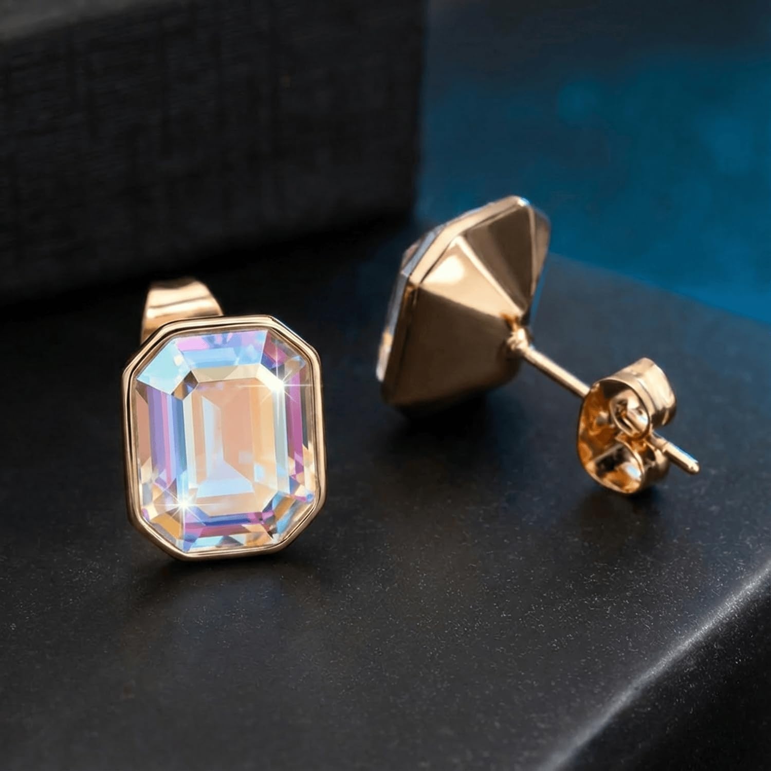 image:imageAustrian Crystal Octagon Stud Earrings for Women Fashion 925 Sterling Silver Post Hypoallergenic JewelryAurora Borealis
