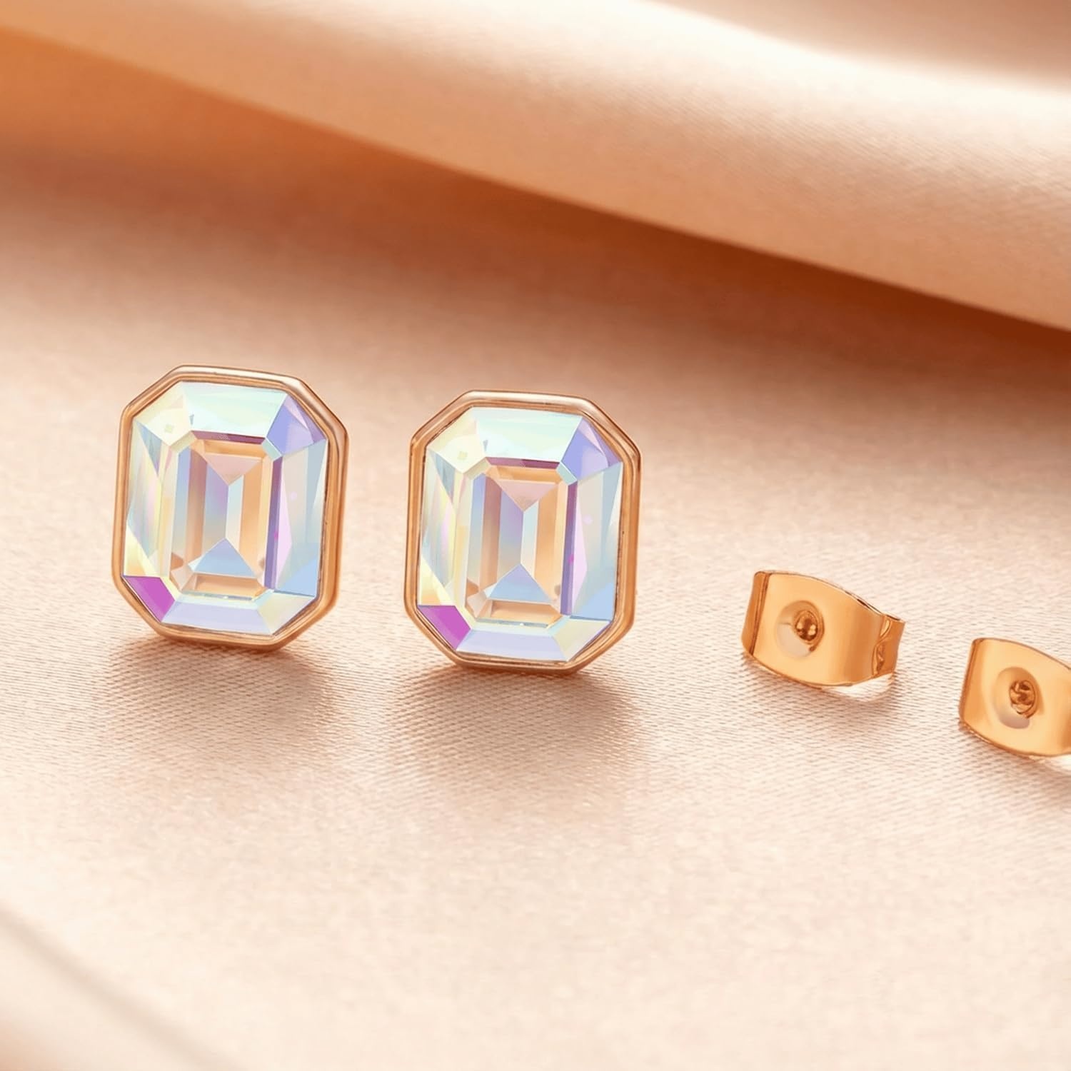 image:imageAustrian Crystal Octagon Stud Earrings for Women Fashion 925 Sterling Silver Post Hypoallergenic JewelryAurora Borealis