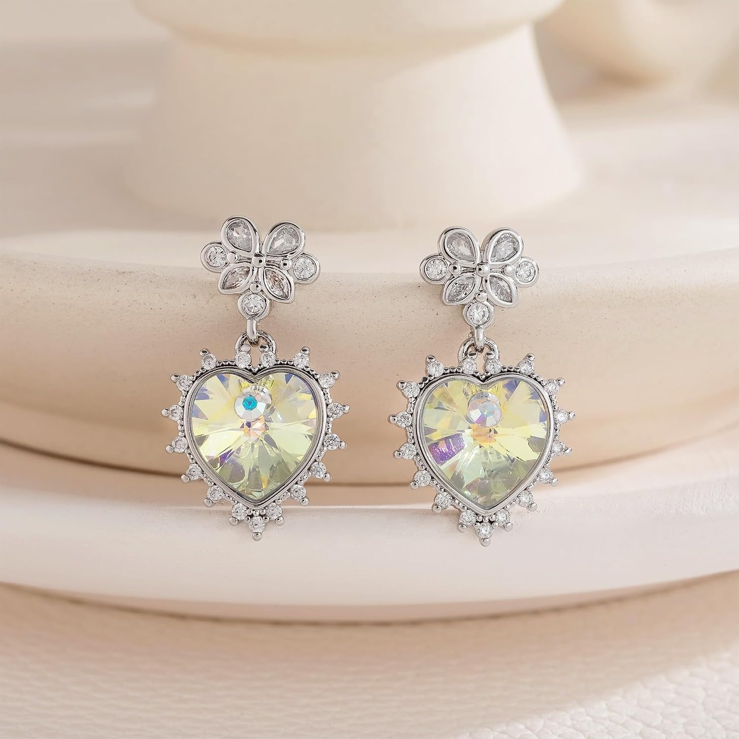 image:imageEVEVIC Austrian Crystal Vintage Sacred Heart Drop Earrings for Women Victorian Style 14k White Gold Plated Dangle Earring Jewelry GiftAurora Borealis