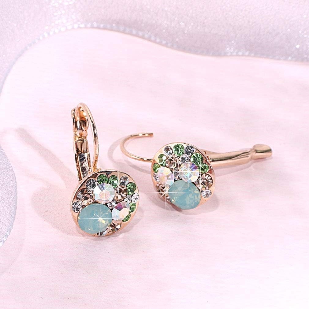 image:imageMulticolored Austrian Crystal Leverback Earrings for Women 14K Gold Plated Dangle Hoop Earrings Hypoallergenic JewelryGreen OpalAurora Borealis Crystal