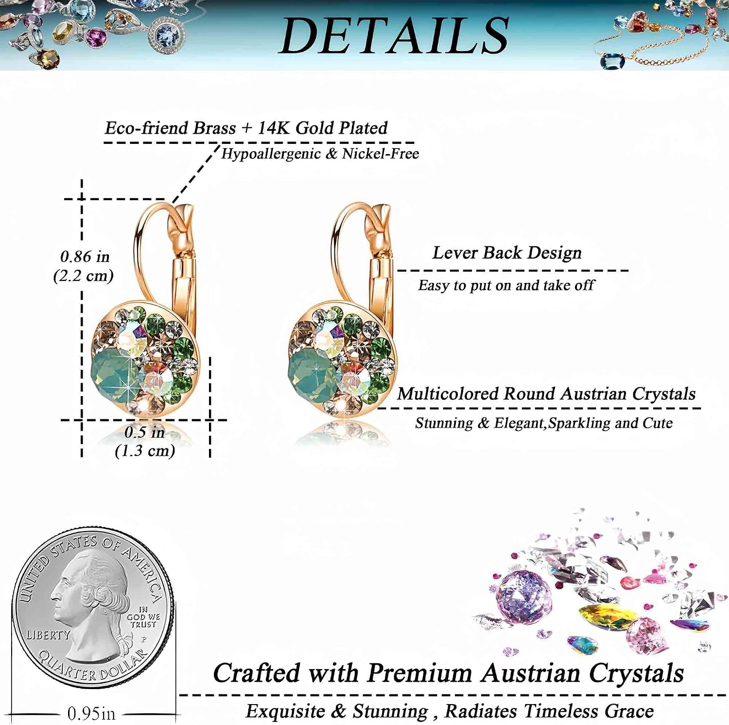 image:imageMulticolored Austrian Crystal Leverback Earrings for Women 14K Gold Plated Dangle Hoop Earrings Hypoallergenic JewelryGreen OpalAurora Borealis Crystal