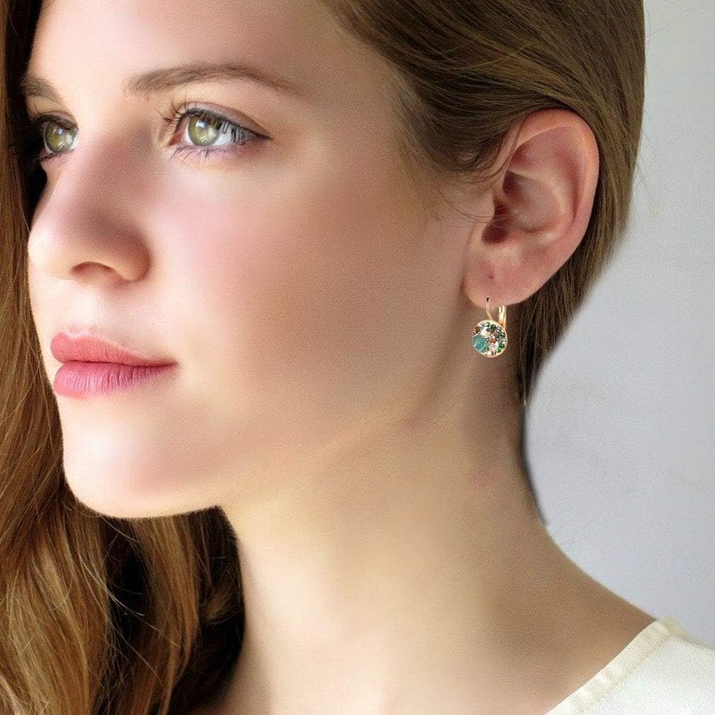 image:imageMulticolored Austrian Crystal Leverback Earrings for Women 14K Gold Plated Dangle Hoop Earrings Hypoallergenic JewelryGreen OpalAurora Borealis Crystal