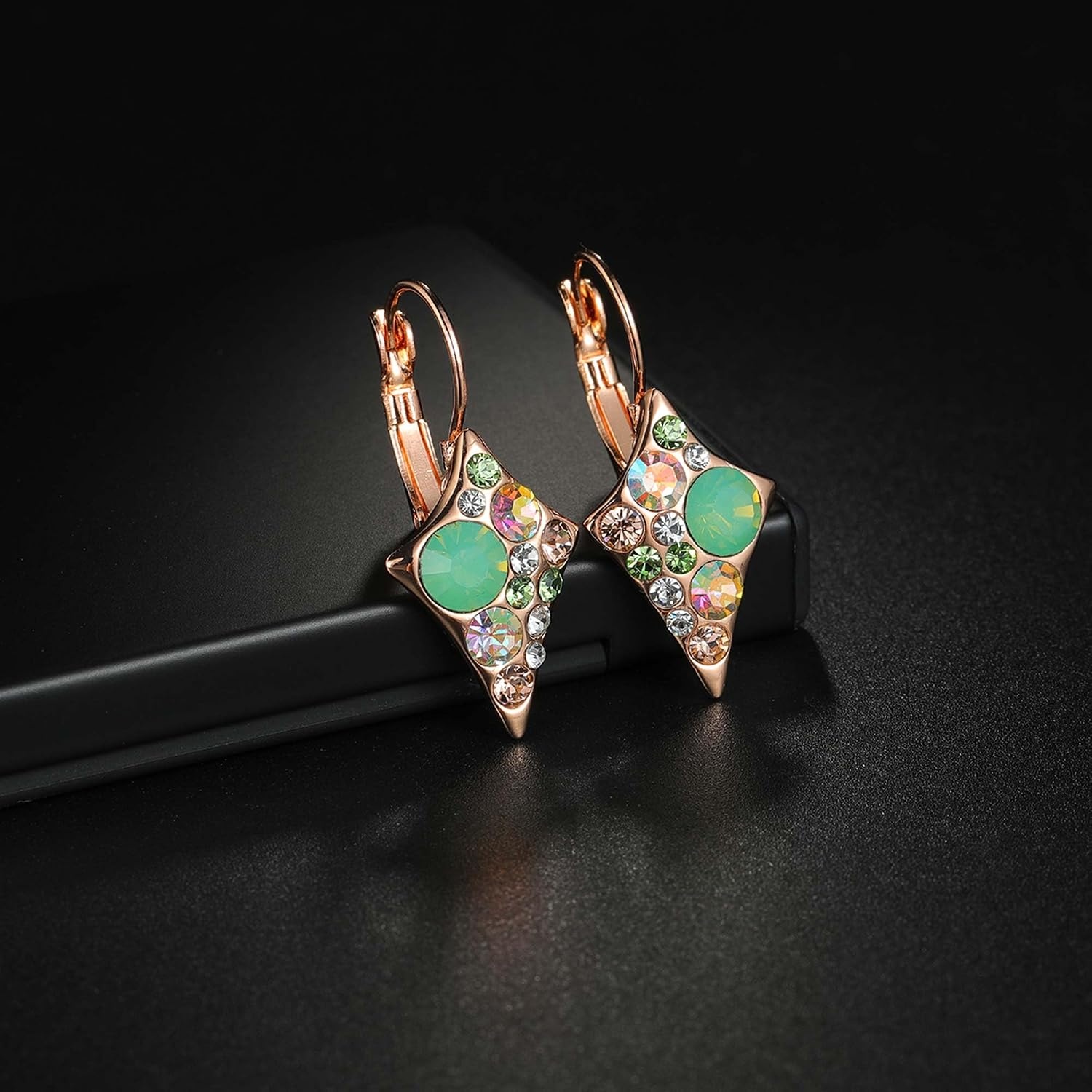 image:imageMulticolored Austrian Crystal Rhombus Drop Earrings for Women 14K Gold Plated Leverback Huggie Earrings Hypoallergenic Jewelry GiftGreen OpalAurora Borealis Crystal