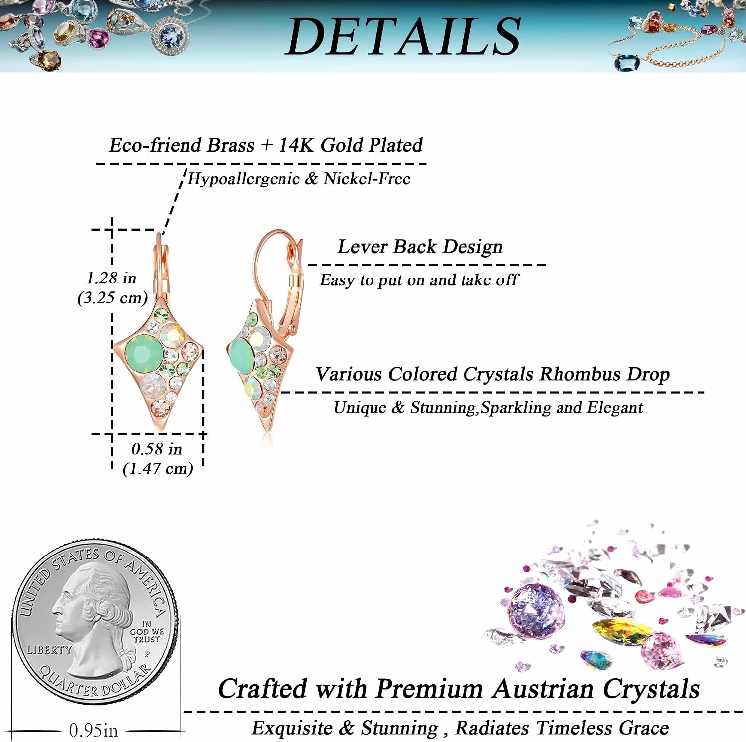 image:imageMulticolored Austrian Crystal Rhombus Drop Earrings for Women 14K Gold Plated Leverback Huggie Earrings Hypoallergenic Jewelry GiftGreen OpalAurora Borealis Crystal