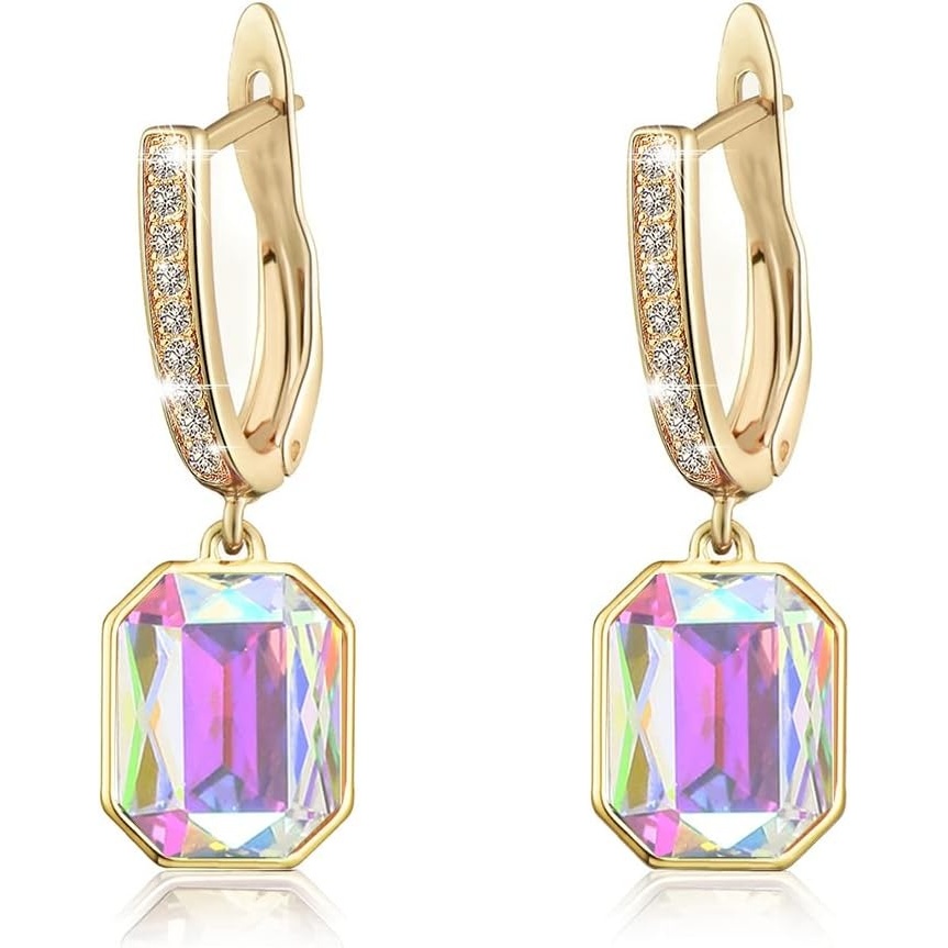 image:imageAustrian Crystal Octagon Leverback Drop Earrings for Women 14K Gold Plated Hypoallergenic JewelryAurora Borealis