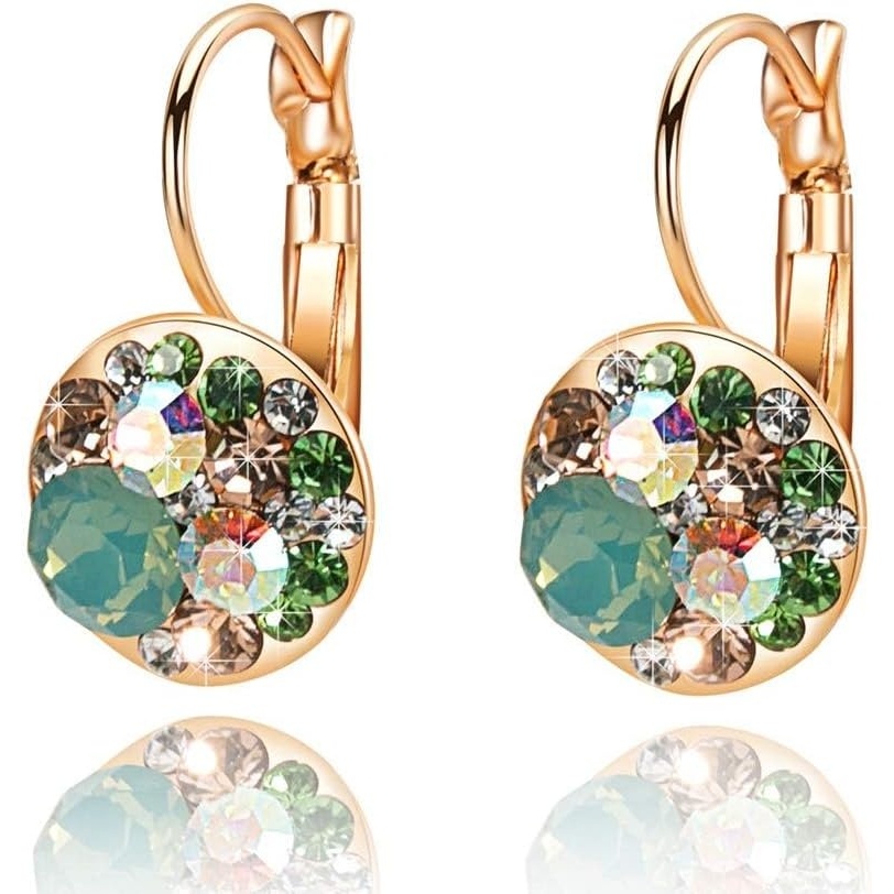 image:imageMulticolored Austrian Crystal Leverback Earrings for Women 14K Gold Plated Dangle Hoop Earrings Hypoallergenic JewelryGreen OpalAurora Borealis Crystal