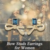 image:imageAustrian Crystal Bow Studs Drop Earrings for Women  14K gold plated brassCute ribbon bowrectangle crystalButterfly Claspgift boxDark BlueGold Tone