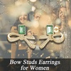image:imageAustrian Crystal Bow Studs Drop Earrings for Women  14K gold plated brassCute ribbon bowrectangle crystalButterfly Claspgift boxFern GreenGold Tone