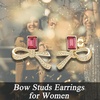 image:imageAustrian Crystal Bow Studs Drop Earrings for Women  14K gold plated brassCute ribbon bowrectangle crystalButterfly Claspgift boxRose PinkGold Tone