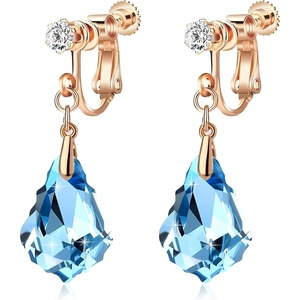 image:imageAustrian Crystal Baroque Drop Clip On Dangle Earrings for Women Non Pierced 14K Rose Gold Plated Hypoallergenic JewelryAquamarine