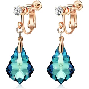 image:imageAustrian Crystal Baroque Drop Clip On Dangle Earrings for Women Non Pierced 14K Rose Gold Plated Hypoallergenic JewelryBermuda Blue