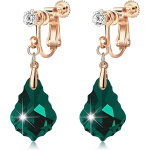 image:imageAustrian Crystal Baroque Drop Clip On Dangle Earrings for Women Non Pierced 14K Rose Gold Plated Hypoallergenic JewelryEmerald Green