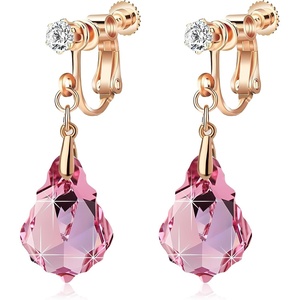 image:imageAustrian Crystal Baroque Drop Clip On Dangle Earrings for Women Non Pierced 14K Rose Gold Plated Hypoallergenic JewelryPink