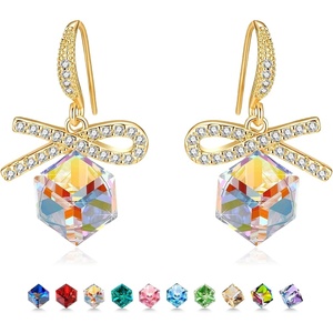 image:imageAustrian Crystal Bow Knot Dangle Drop Earrings for Women  cube austrian crystalCute bowknot ribbon14K gold plated brassgift boxsparkle CZAurora Borealis