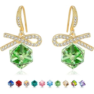image:imageAustrian Crystal Bow Knot Dangle Drop Earrings for Women  cube austrian crystalCute bowknot ribbon14K gold plated brassgift boxsparkle CZGreen