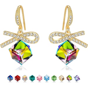 image:imageAustrian Crystal Bow Knot Dangle Drop Earrings for Women  cube austrian crystalCute bowknot ribbon14K gold plated brassgift boxsparkle CZRainbow