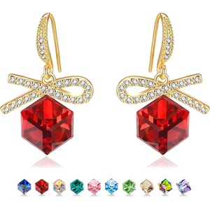 image:imageAustrian Crystal Bow Knot Dangle Drop Earrings for Women  cube austrian crystalCute bowknot ribbon14K gold plated brassgift boxsparkle CZRed