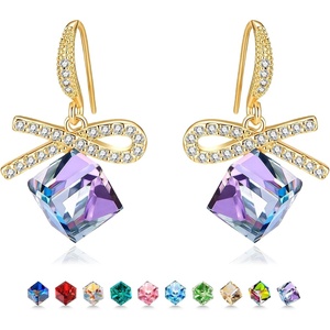 image:imageAustrian Crystal Bow Knot Dangle Drop Earrings for Women  cube austrian crystalCute bowknot ribbon14K gold plated brassgift boxsparkle CZVitrail Light