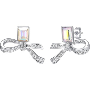 image:imageAustrian Crystal Bow Studs Drop Earrings for Women  14K gold plated brassCute ribbon bowrectangle crystalButterfly Claspgift boxAurora BorealisWhite Gold Tone