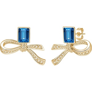 image:imageAustrian Crystal Bow Studs Drop Earrings for Women  14K gold plated brassCute ribbon bowrectangle crystalButterfly Claspgift boxDark BlueGold Tone