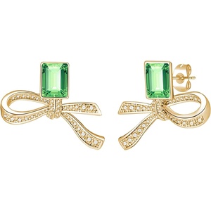 image:imageAustrian Crystal Bow Studs Drop Earrings for Women  14K gold plated brassCute ribbon bowrectangle crystalButterfly Claspgift boxFern GreenGold Tone