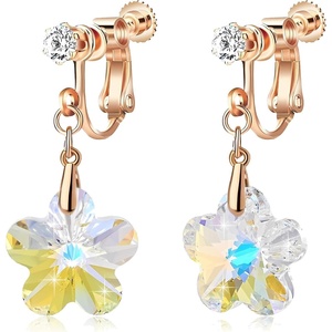 image:imageAustrian Crystal Flower Drop Clip On Earrings for Women Non Pierced 14K Rose Gold Plated Hypoallergenic Dangle Earring JewelryAurora Borealis