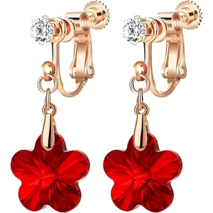 image:imageAustrian Crystal Flower Drop Clip On Earrings for Women Non Pierced 14K Rose Gold Plated Hypoallergenic Dangle Earring JewelryRed