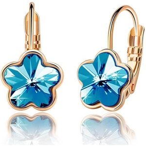 image:imageAustrian Crystal Flower Leverback Drop Earrings for Women 14K Rose Gold Plated Hypoallergenic JewelryBermuda Blue