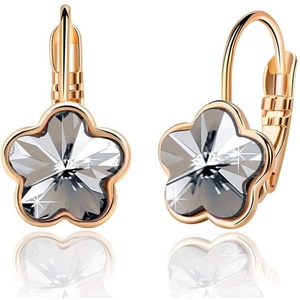 image:imageAustrian Crystal Flower Leverback Drop Earrings for Women 14K Rose Gold Plated Hypoallergenic JewelryBlack