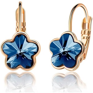 image:imageAustrian Crystal Flower Leverback Drop Earrings for Women 14K Rose Gold Plated Hypoallergenic JewelryDark Blue