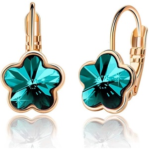 image:imageAustrian Crystal Flower Leverback Drop Earrings for Women 14K Rose Gold Plated Hypoallergenic JewelryEmerald