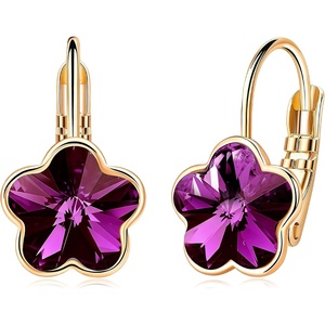 image:imageAustrian Crystal Flower Leverback Drop Earrings for Women 14K Rose Gold Plated Hypoallergenic JewelryPurple