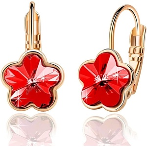 image:imageAustrian Crystal Flower Leverback Drop Earrings for Women 14K Rose Gold Plated Hypoallergenic JewelryRed
