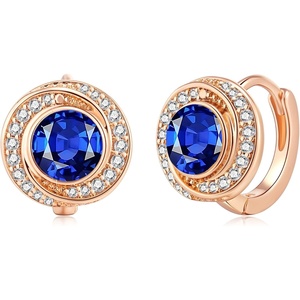 image:imageAustrian Crystal Halo Round Leverback Huggie Earrings for Women 14K Rose Gold Plated Hypoallergenic Jewelry GiftCapri Blue