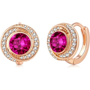 image:imageAustrian Crystal Halo Round Leverback Huggie Earrings for Women 14K Rose Gold Plated Hypoallergenic Jewelry GiftFuchsia