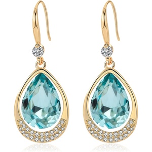 image:imageAustrian Crystal Halo Teardrop Hollow Drop Dangle Earrings for Women 14K Rose Gold Plated Hypoallergenic Jewelry GiftsAquamarine