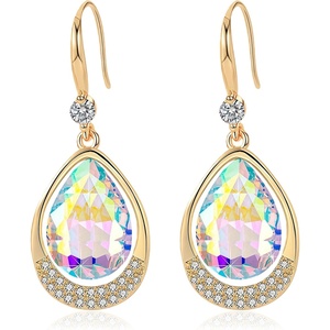 image:imageAustrian Crystal Halo Teardrop Hollow Drop Dangle Earrings for Women 14K Rose Gold Plated Hypoallergenic Jewelry GiftsAurora Borealis