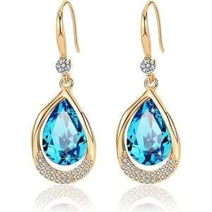 image:imageAustrian Crystal Halo Teardrop Hollow Drop Dangle Earrings for Women 14K Rose Gold Plated Hypoallergenic Jewelry GiftsBermuda Blue