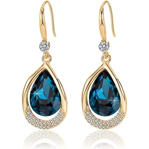 image:imageAustrian Crystal Halo Teardrop Hollow Drop Dangle Earrings for Women 14K Rose Gold Plated Hypoallergenic Jewelry GiftsDark Blue