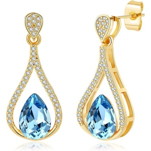 image:imageAustrian Crystal Halo Teardrop Hollow Drop Stud Earrings for Women 14K Rose Gold Plated Hypoallergenic JewelryAquamarine