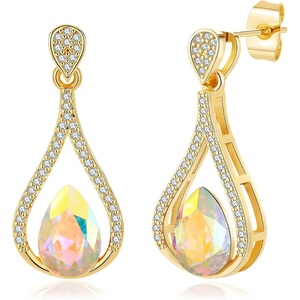image:imageAustrian Crystal Halo Teardrop Hollow Drop Stud Earrings for Women 14K Rose Gold Plated Hypoallergenic JewelryAurora Borealis