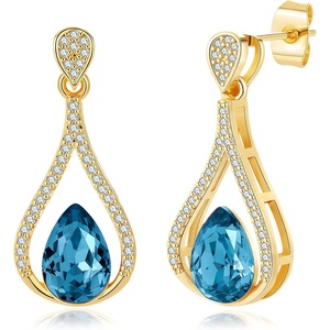 image:imageAustrian Crystal Halo Teardrop Hollow Drop Stud Earrings for Women 14K Rose Gold Plated Hypoallergenic JewelryDark Blue